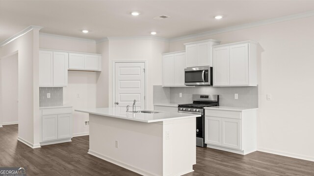 kitchen with sink, white cabinetry, a kitchen island with sink, and appliances with stainless steel finishes