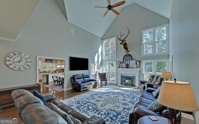 715 Cross Creek Dr, Toccoa, GA 30577 - living area featuring high vaulted ceiling, ceiling fan, wood finished floors, and healthy amount of natural light