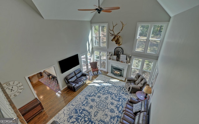 715 Cross Creek Dr, Toccoa, GA 30577 - living area featuring high vaulted ceiling, plenty of natural light, wood finished floors, ceiling fan, and a glass covered fireplace
