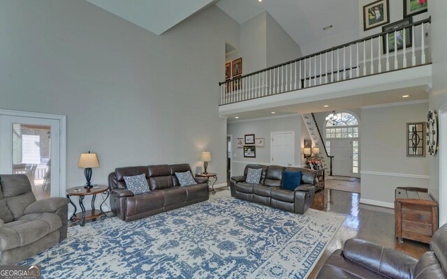 715 Cross Creek Dr, Toccoa, GA 30577 - living area featuring a towering ceiling, baseboards, healthy amount of natural light, and wood finished floors