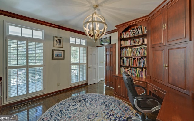 715 Cross Creek Dr, Toccoa, GA 30577 - home office featuring a chandelier, dark wood-style flooring, built in shelves, baseboards, and crown molding