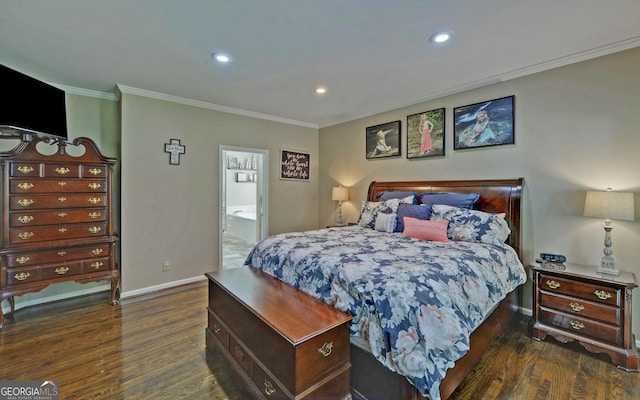 bedroom featuring connected bathroom, ornamental molding, and dark hardwood / wood-style flooring