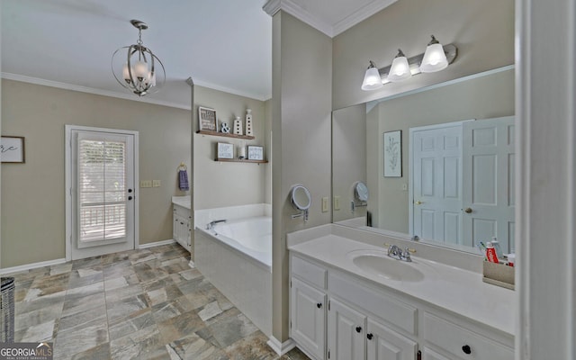 bathroom featuring vanity, a relaxing tiled tub, ornamental molding, and an inviting chandelier