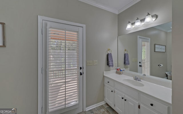 715 Cross Creek Dr, Toccoa, GA 30577 - bathroom featuring ornamental molding, baseboards, and vanity