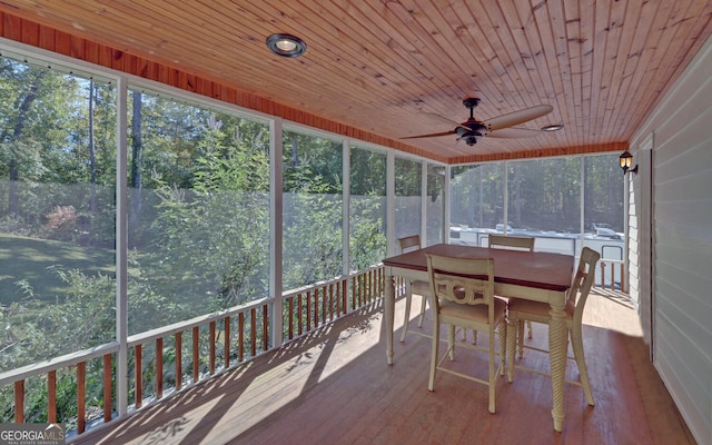 sunroom / solarium with wood ceiling and ceiling fan