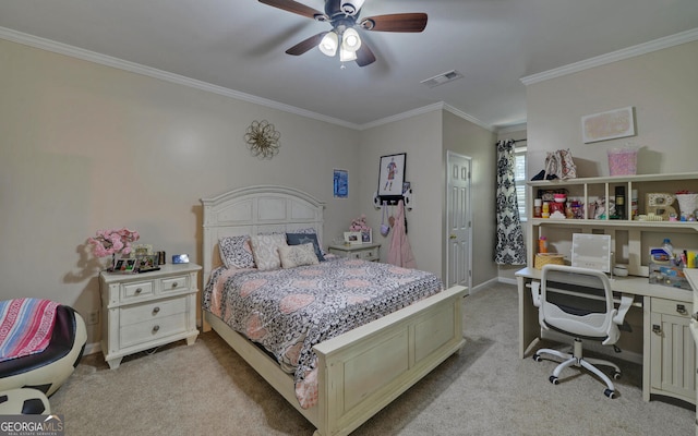 bedroom with crown molding, light carpet, and ceiling fan