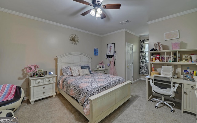 715 Cross Creek Dr, Toccoa, GA 30577 - bedroom featuring light colored carpet, ornamental molding, an office area, baseboards, and a ceiling fan