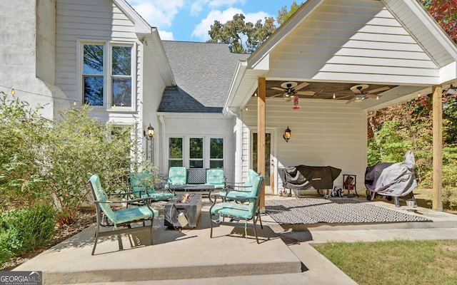715 Cross Creek Dr, Toccoa, GA 30577 - view of patio featuring ceiling fan and a fire pit