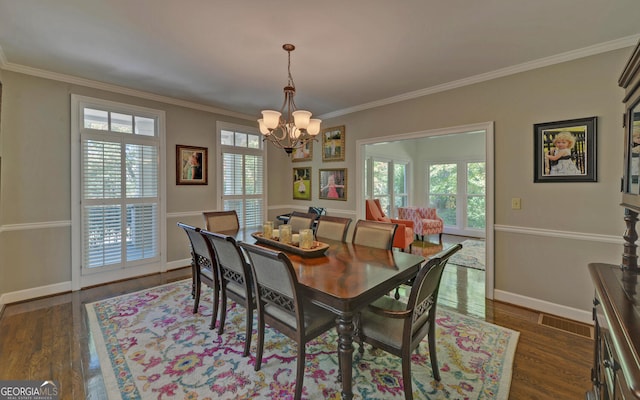 715 Cross Creek Dr, Toccoa, GA 30577 - dining room featuring a chandelier, dark wood-style flooring, baseboards, and ornamental molding