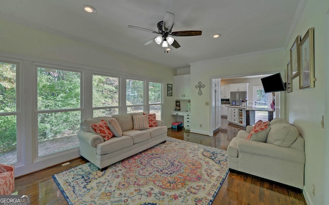 715 Cross Creek Dr, Toccoa, GA 30577 - living room featuring crown molding, a ceiling fan, recessed lighting, and wood finished floors