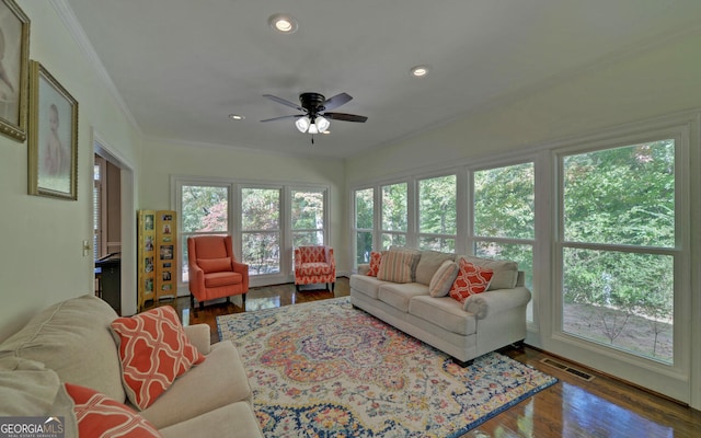 715 Cross Creek Dr, Toccoa, GA 30577 - living room with a ceiling fan, ornamental molding, wood finished floors, and recessed lighting