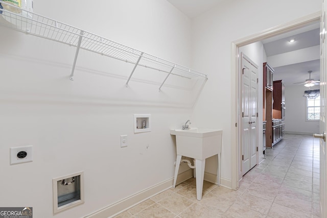 laundry area featuring ceiling fan, light tile patterned floors, hookup for a washing machine, and electric dryer hookup