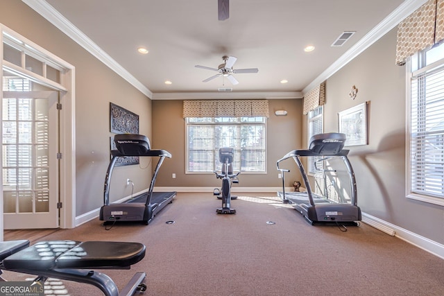 exercise room with crown molding and ceiling fan