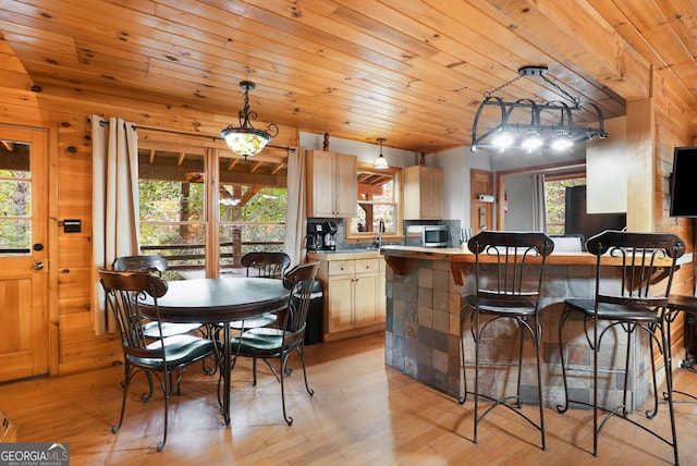 kitchen featuring light brown cabinetry, plenty of natural light, hanging light fixtures, and wood walls