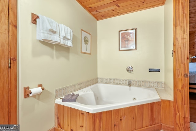 bathroom with wooden ceiling and a washtub