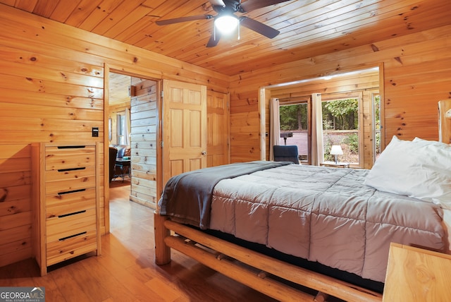 bedroom featuring wood ceiling, ceiling fan, light hardwood / wood-style flooring, and wooden walls