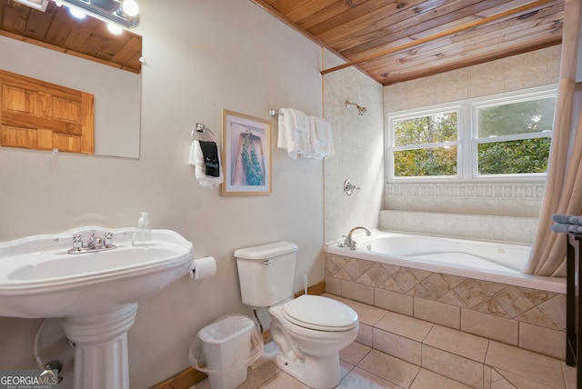 bathroom with wood ceiling, shower / tub combo, tile patterned flooring, and toilet