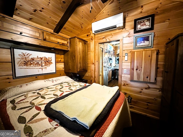 bedroom featuring wood ceiling, wood walls, vaulted ceiling with beams, and a wall unit AC