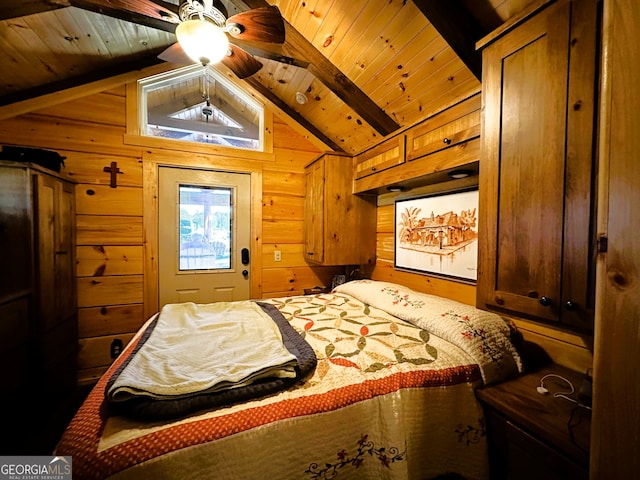 bedroom with wooden walls, wood ceiling, vaulted ceiling with beams, and ceiling fan