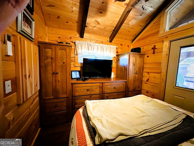 bedroom featuring vaulted ceiling with beams, wood walls, and wooden ceiling