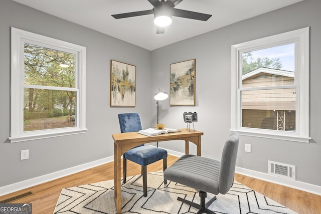 home office featuring ceiling fan, a healthy amount of sunlight, and light hardwood / wood-style floors