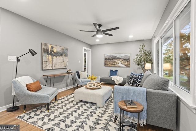 living room with ceiling fan and hardwood / wood-style floors