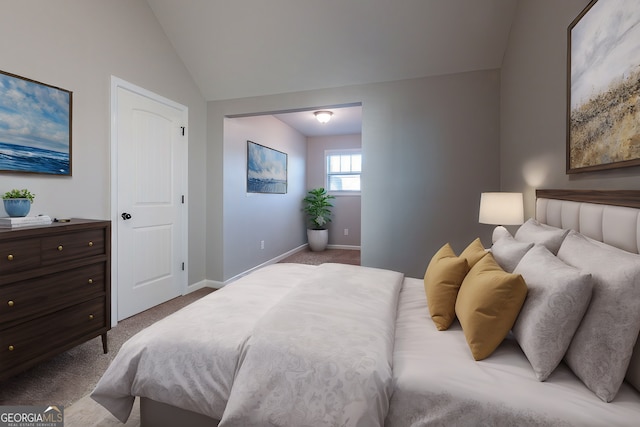 bedroom featuring carpet floors and vaulted ceiling