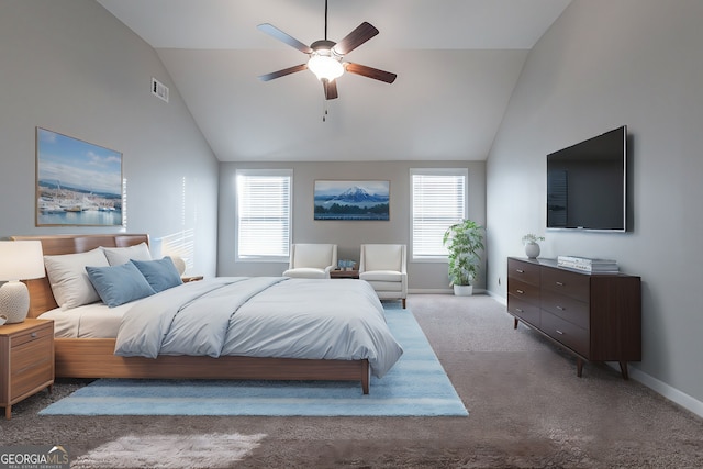 carpeted bedroom with multiple windows, high vaulted ceiling, and ceiling fan