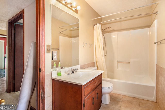 full bathroom with shower / bathtub combination with curtain, tile patterned flooring, vanity, and toilet