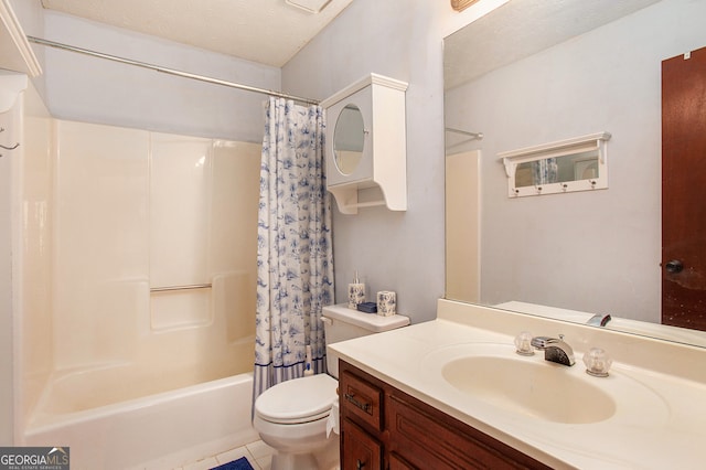 full bathroom with tile patterned floors, vanity, a textured ceiling, shower / bathtub combination with curtain, and toilet