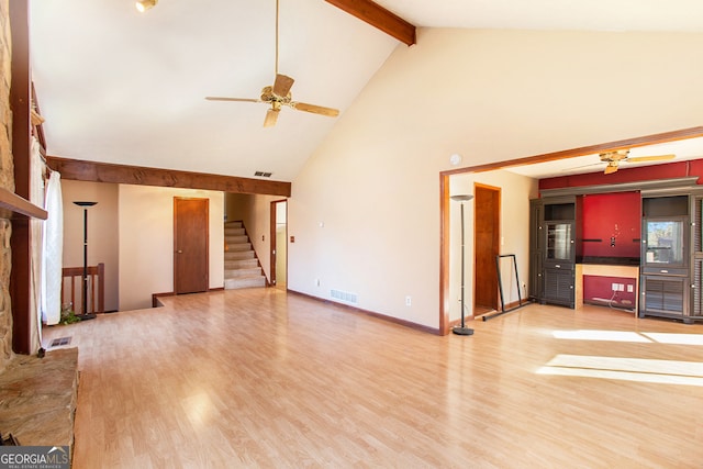 unfurnished living room featuring beam ceiling, ceiling fan, hardwood / wood-style floors, and high vaulted ceiling