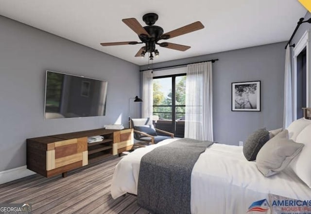 bedroom with wood finished floors, baseboards, and ceiling fan