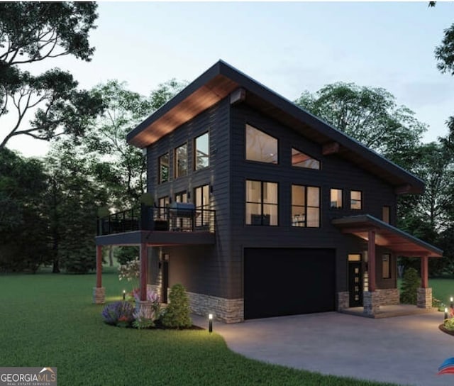 view of home's exterior featuring a garage, a yard, and a balcony