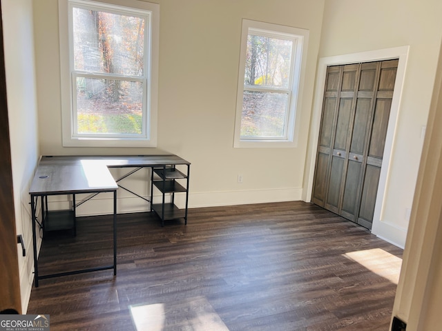 interior space with baseboards and dark wood-style flooring