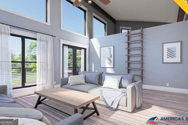 living room featuring ceiling fan, french doors, plenty of natural light, and light wood-type flooring