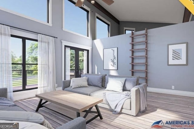 living room featuring french doors, a high ceiling, baseboards, and wood finished floors