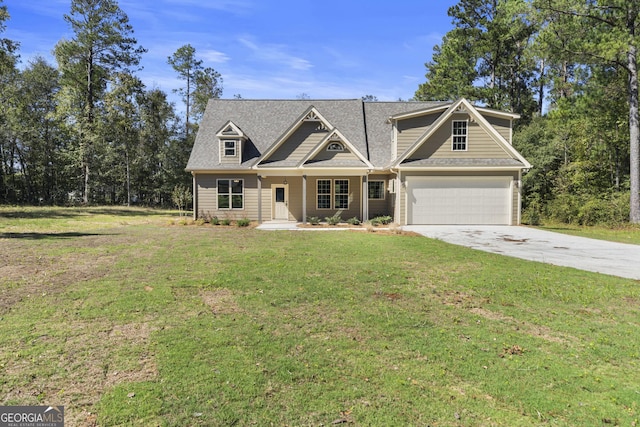 craftsman inspired home with a garage and a front lawn