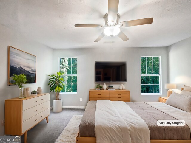 carpeted bedroom with ceiling fan, a textured ceiling, and multiple windows