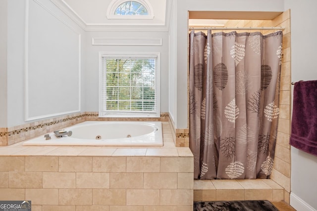 bathroom featuring crown molding and independent shower and bath