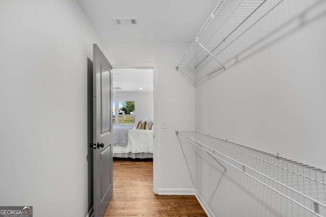 walk in closet with hardwood / wood-style floors