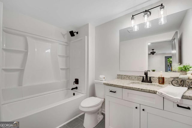 full bathroom with toilet, ceiling fan, tile patterned floors, shower / tub combination, and vanity