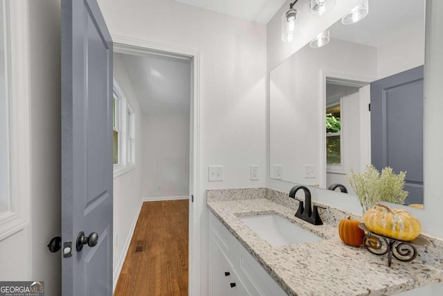 bathroom featuring vanity, a wealth of natural light, and hardwood / wood-style floors