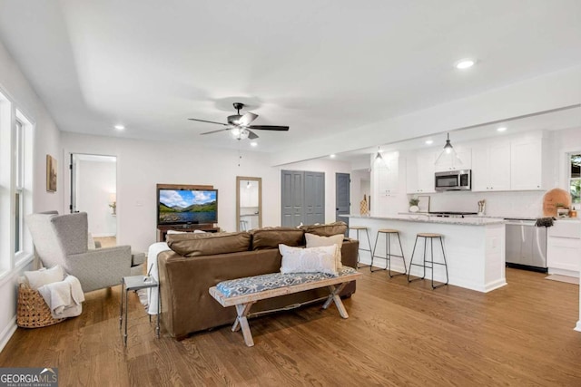 living room featuring plenty of natural light, light hardwood / wood-style floors, and ceiling fan