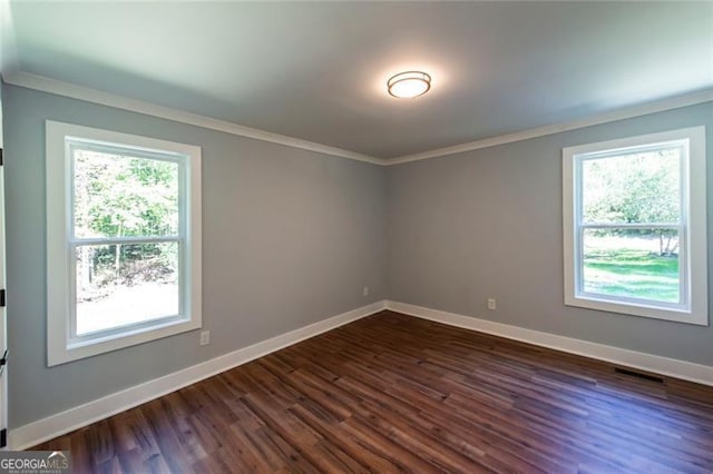 spare room featuring dark wood-type flooring, ornamental molding, and a wealth of natural light