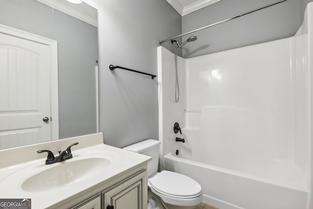 full bathroom featuring toilet, vanity, crown molding, and  shower combination