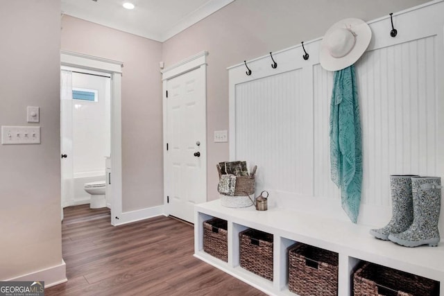 mudroom featuring dark wood-type flooring and ornamental molding