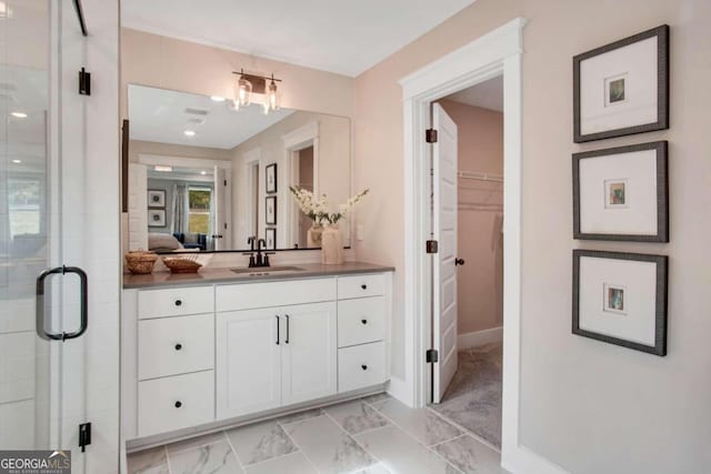 bathroom featuring vanity and walk in shower