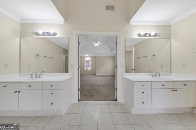 bathroom with vanity, ornamental molding, and ceiling fan