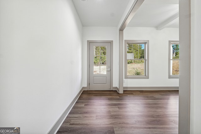 doorway with beamed ceiling and dark hardwood / wood-style floors