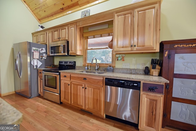 kitchen with sink, vaulted ceiling, light hardwood / wood-style flooring, wood ceiling, and stainless steel appliances